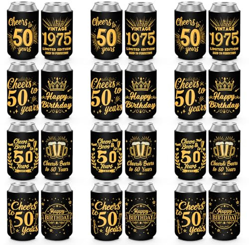 Fundas enfriadoras de latas de 50 cumpleaños para refrescos, cervezas, bebidas, paquete de 12 fundas de neopreno para latas, decoraciones de fiesta de 50 cumpleaños y regalos de fiesta para mujeres,