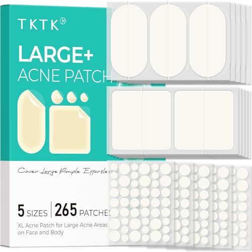 TKTK Large Pimple Patches for Face, 60 x 30 mm XL Acne Patches, Big Hydrocolloid Bandages for Body, Back, Forehead, Chin, Neck Blemish Zit Breakouts (Oval, Square, Dot 5 Sizes 265 Count)