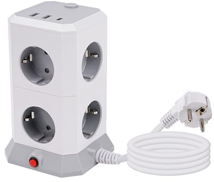 DewinLVD 11 en 1 Tour Multiprise, Multiprise Electrique avec 8 Prises 4000W/16A 2 USB-A 1 USB-C Adaptateur de Prise avec 1,8 Mètre de Câble D'extension pour Le Bureau à Domicile