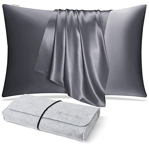 DISANGNI Kissenbezug aus 100 % natürlicher Maulbeerseide für Haar und Haut, mit verstecktem Reißverschluss, beidseitig 22 Momme, echte Seide, 1 Stück, 40 x 80 cm, Dunkelgrau