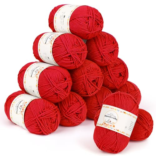 Aeelike 600g(12x50g) Acryl Wolle Zum Stricken, 5Ply Baumwolle zum Häkeln, Ultraweiche Baby Wolle Handstrickgarne Häkeln von Socken, Mützen, Schals, Puppen, Haustierkleidung, Rot