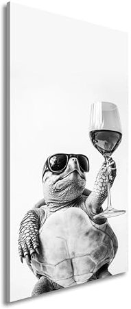 Leinwandbild Wein & Coolness – Schildkröte erhebt ihr Glas mit Stil. Panorama 120x60cm Effekt: Schwarz&Weiß XXL Kunstdruck Bild auf Keilrahmen/Wandbild/Wohnzimmer Dekoration