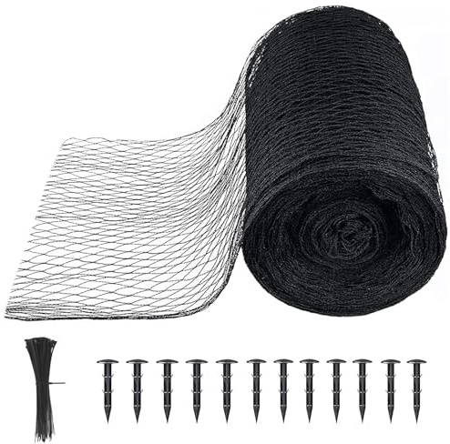 CRMCC Filet de jardin robuste en polyéthylène noir avec 12 piquets de sol - 6 x 12 m - Maille de 1,2 cm - Protège les étangs des feuilles, des oiseaux et des débris