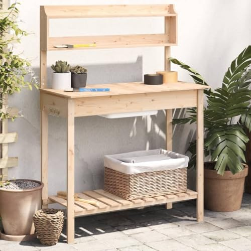Table de plantation extensible en bois de sapin massif avec lavabo 147,5 x 44 x 139,5 cm pour jardin, terrasse, serre, construction robuste
