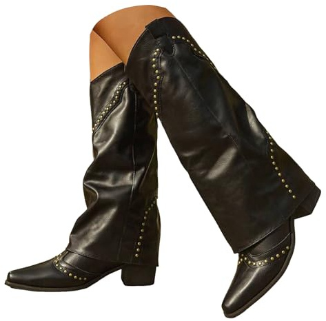 Xbemkste dam knähöga stövlar vintage nitar hög slip-on cowboystövlar med revers blockklack spets tå västerländska stövlar långa stövlar vattentät stövlar vinterstövlar, svart, 37.5 EU