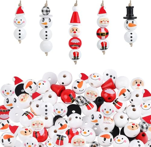 Wlicon 132 Pezzi Perline Legno Pupazzo Neve Natale Perline Faccine di Natale DIY Perle Legno Pupazzo di Neve per Artigianato Invernale Albero di Natalizio Festa Casa Decorazione