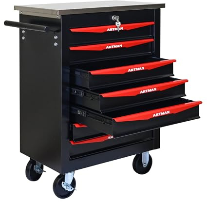 Boîte à outils à rouler avec tiroirs, Armoire de stockage d'outils en acier avec poignée, Roues verrouillables, Boîte d'organisateur d'outils pour atelier de garage (noir rouge,7 Tiroir)