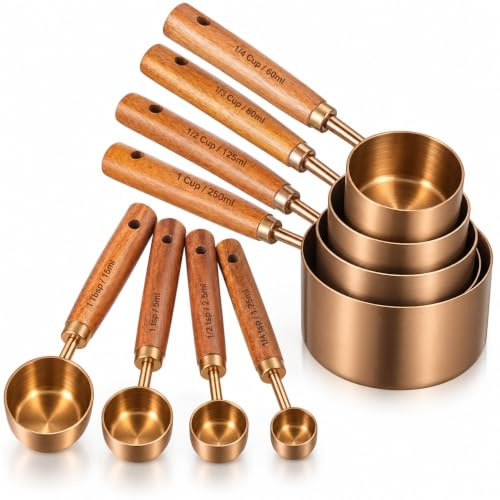 STOBAZA Gold Measuring Cups and Spoons Set, 8pcs Measuring Spoons and Cups with Wooden Handle, Stainless Steel Kitchen Set, Dry and Liquid Baking Supplies for Food Baking Cooking