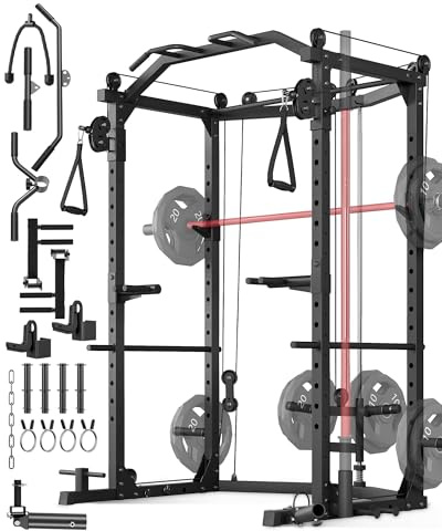GarveeLife Power Cage, Multi-Functional Power Racks for Home Gym with Cable Crossover System, 1600 LBS Weight Capacity Fitness Squat Rack for Strength Workout with Training Attachment, Black