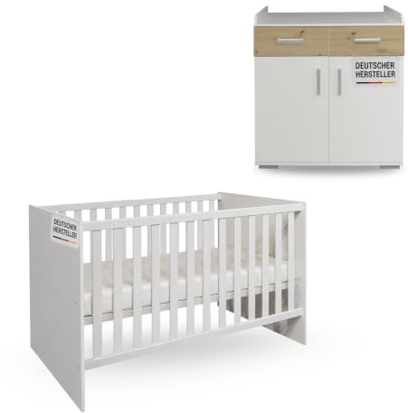 storado.de Kinderzimmer Set 2-teilig Sienna, mit Gitterbett 70x140 cm und Wickelkommode, Holzwerkstoff, Weiß Matt/Asteiche