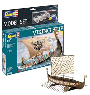 Revell Model Set 65403 Viking Ship 1:50 Scale Unbuilt/Unpainted Plastic Model Kit with Contacta Professional Glue, Paintbrush & Selected Aqua Color Paints