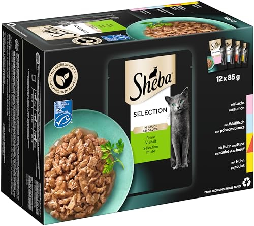 Sheba Selection in Sauce Katzennassfutter – Feine Vielfalt (MSC) – Hochwertiges Feuchtfutter in 48 Portionsbeuteln für Katzen – Katzenfutter – 4er Pack (4 x 12 Portionsbeutel à 85g)