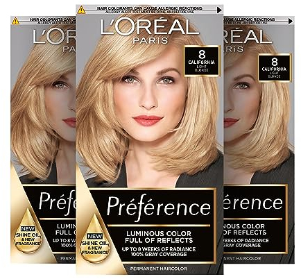L'Oréal Paris Permanente Haarfarbe, Haarfärbeset mit Coloration und Farbglanz-Pflegebalsam, Préférence, 8 Naturblond, 3er Set