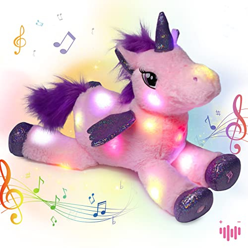 Hopearl LED Musical Plüsch Einhorn Leuchtet Singendes Plüschtier Lautstärkeregulierung Schlaflied Animierte Beruhigung Geburtstagsfest für Kinder Kleinkind Mädchen, Pink, 40,6 cm