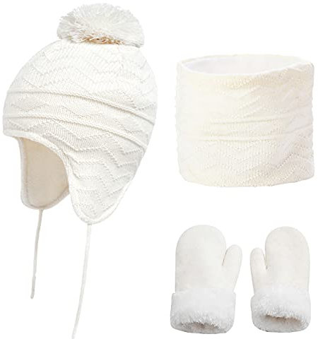 CheChury Kinder Mütze Schal Handschuhe Set Jungen Mädchen Strickmütze Mit Pompon Schlauchschal Baby Wintermütze Beanie Hut Schal Set Wintermütze Winterschal Innenfutter Kinder,Weiß,S