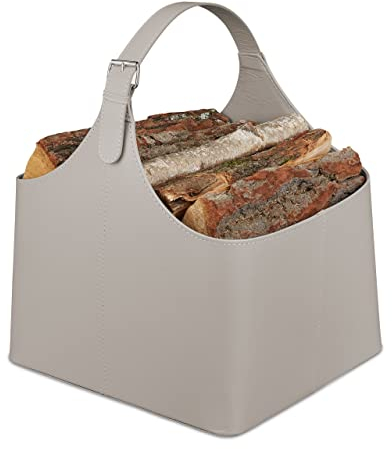 Relaxdays Holzkorb Kunstleder, stabiler Feuerholzkorb mit Henkel, zum Tragen, Kaminholztasche, für Brennholz, hellgrau