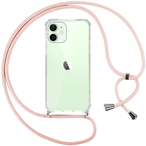 Pnakqil Cover per iPhone 12 Mini con Cordino, Trasparente Custodia con Laccio Tracolla Cellulare Girocollo Collana Protettiva per iPhone 12mini 5.4 Pollici, Rosa