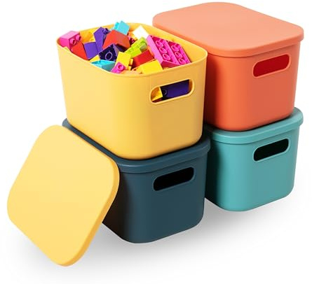 HapiLeap Scatole portaoggetti con coperchio, impilabili, in plastica, per mensole, cucina, bagno, sala giochi, aule, ufficio, asilo, 24,5 x 17,5 x 16 cm, (piccole (4 pezzi)