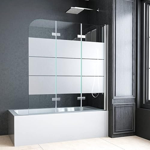 Duschwand für Badewanne 130x140cm Duschtrennwand Gestreift 3-teilig Faltbar Duschwand badewannenfaltwand Duschabtrennung Badewanne mit 5mm ESG Sicherheitsglas