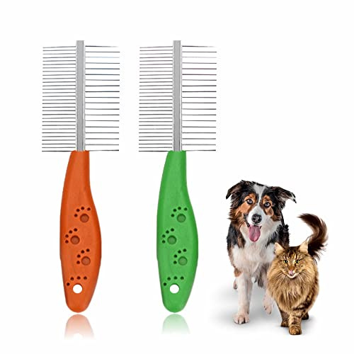 Dog Grooming Comb Heavy Duty Professional Shedding Brush Durable Dog Detangler Brush With Handle Pet Comb Metal Teeth Double Sided Fur Rake Tool Deshedding Comb Reusable Pet Trimmer Supplies (1Pc)