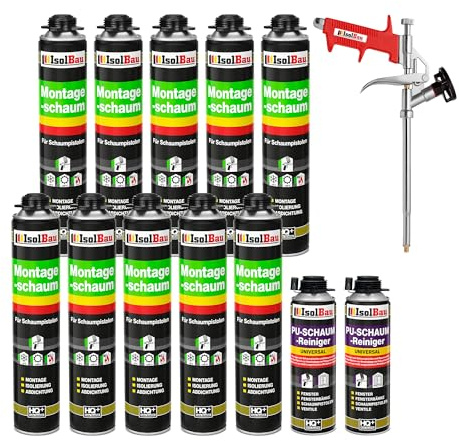 Isolbau Kit de mousse de construction – Comprend 10 x 1K mousse de montage B2 avec un excellent son et une isolation thermique (750 ml chacun), 2 nettoyants pour mousse PU (500 ml) et 1 pistolet à