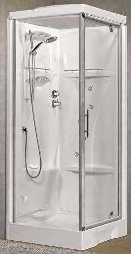 Novellini New Holiday GF90 Hammam 90 x 90 cm Cabine de douche multifonction ouverture battante d'angle mitigeur thermostatique verre transparent profil argent hydromassage Sauna tige hauteur 225,5 cm