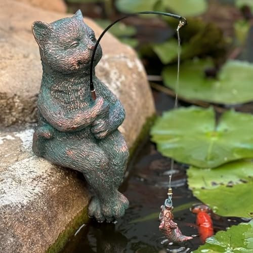 Statue et sculpture de chat de jardin, statues de chat de pêche en cuivre antique, décoration d'extérieur pour jardin, étang à poissons, décoration d'étang à poissons pour terrasse, pelouse, cascades