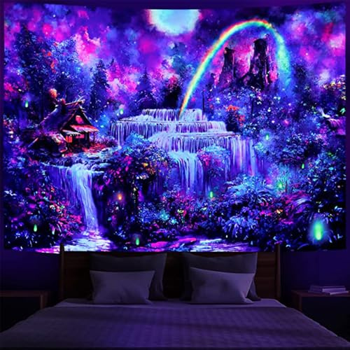 Lsimeru Fluoreszierend Wandteppich Fantasy Wald Hütte Wasserfall Forsthaus Wandbehang Regenbogen Sonne Landschaft Wunderland Wanddeko Wandkunst für Wohnzimmer Schlafzimmer