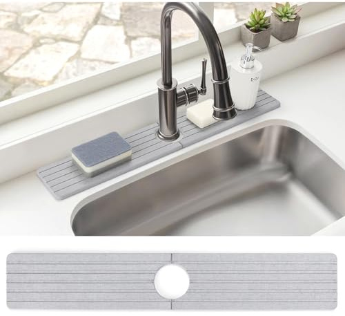 Bourske Wasserhahnschutz Abtropfmatte Kieselgur Schnelltrocknende Stein Wasserhahn Matte Wasserhahn Spritzschutz für Küche und Bad Countertop Protect 60*10cm (Hellgrau)