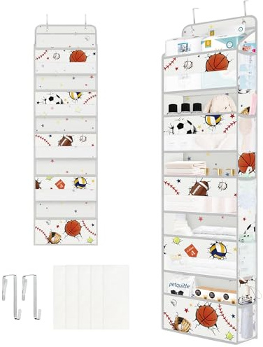 Clastyle Ball Over the Door Organizer Star Nursery Hanging Storage Organizer for Boys Clothes Diaper Toy Closet Door Hanging Shelf Storage for Bedroom Bathroom Pantry, Sport, 5-Tier