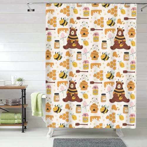Rideau de douche en tissu pour salle de bain – 152,4 x 182,9 cm – Rideau de douche opaque avec crochets – Motif abeille mignonne en pot de miel