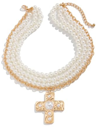 Collar de cruz de perlas para mujer, collar de cruz de oro grueso, collar de gargantilla apilada con perlas de cruz apilada, cadena de hebilla OT, collar con colgante de cruz de oro grueso, Talla