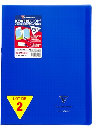 Clairefontaine 971422AMZC Lot de 2 Cahiers Agrafés Koverbook - A4 21x29,7 cm - 96 Pages Grands Carreaux - Papier Blanc 90 g - Couvertures Polypro bleu marine