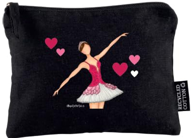 Beauty case “Mariela” con ballerina di danza classica – Astuccio cosmetico in cotone riciclato nero 21 x 16 cm, stampa fronte-retro