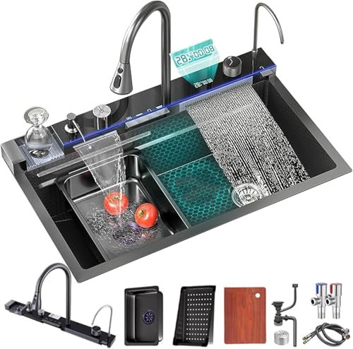 VOLTGY - Fregadero de Cascada con un Seno. Fregadero Multifuncional con Lavavasos, Cascada, Dispensador de Jabón, Grifo Extraible, etc