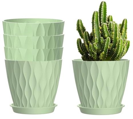 Zinaroty Lot de 5 pots de fleurs, modernes, en plastique, 15 cm, avec trous de drainage et soucoupe, pour plantes d'intérieur et d'extérieur, vert clair