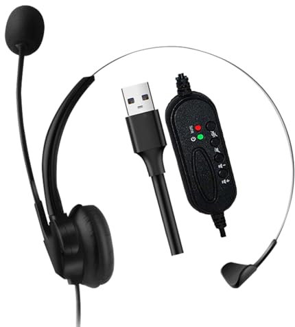Call Center Headset With Microphone Over-Head Single-Sided Headphone USB Corded with Adjustable Microphone Mute Volume Control Button for Office Desktop Computer PC Laptop