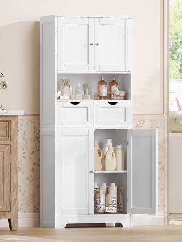 TEENFON Badezimmerschrank 147cm Badschrank Hochschrank mit 4 Türen, 2 Schubladen & 2 höhenverstellbaren Regalen - Weiß - 147x30x60cm - Für Flur, Wohnzimmer, Eingangsbereich