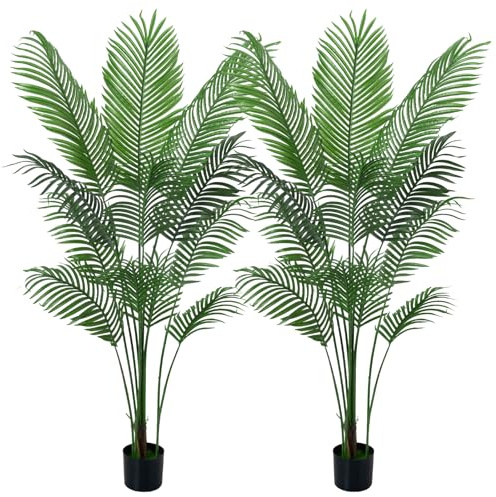 Artificial Plants Indoor Outdoor Fake Palm Tree 160cm/5.25FT Large Lifelike Fake Plant with 12 Leaves, Perfect Faux Plants in Pot for House Garden Home Office Decoration Housewarming Gift (2Packs)