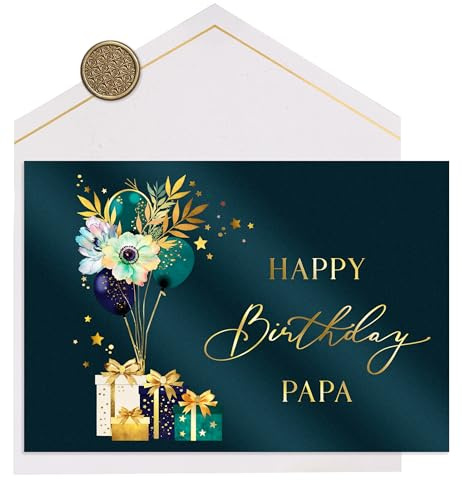 Joli Coon Premium Geburtstagskarte Papa ELEGANT, mit Kuvert, 17 x 11,5 cm | 300g Perlmuttpapier, Schimmereffekt, Goldveredelung, Fine-Art-Kuvert, Wachssiegel, für persönliche Geburtstagswünsche