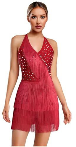 TSSOE Asymétrique Robe Danse Latine Femme Strass Justaucorps à Paillettes Tenue Danse Salsa Chacha Samba Danseuse A Vin Rouge S