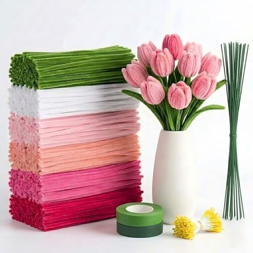 Bloomhüan Set med 600 blompiprensare - 6 färger - Med 30 blomtrådar och presentband för kreativa buketter - Rosa