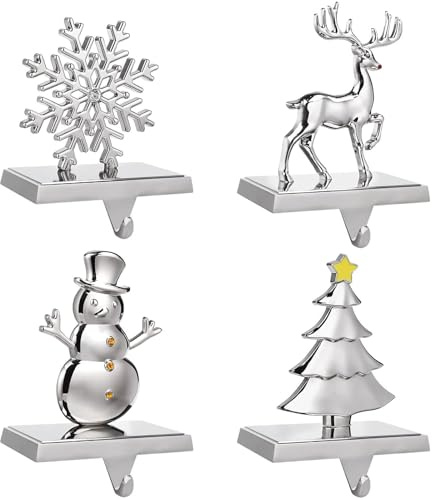 EBANKU 4er Set Weihnachts-Sockenhalter für Kamin, Metall Aufhänger Haken | Festliche Halterungen für den Kaminsims, Schneeflocke, Schneemann & Weihnachtsbaum-Design, Deko für Zuhause & Geschenkideen