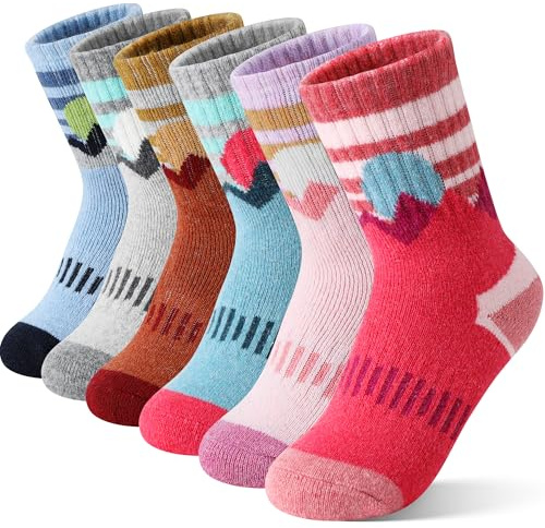 Sandsuced Kids Girls Toddlers Merino Wool Hiking Socks Thermal Warm Winter Cozy Crew Outdoor Socks 6 Pairs Gift Stocking Stuffers(Sun Mixed,8-12 Years)