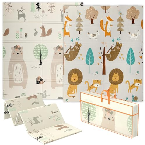 AIYAPLAY Baby Play Mat Double Sided, Foldable & Reversible Activity Playmat, Waterproof Kids Foam Crawling Mat for Outdoor Indoor Playtime Picnics, 177 x 146 x 1.5cm, Animal Theme