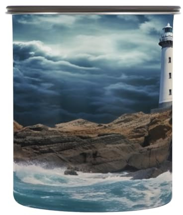 WELLDAY Coffee Canister Lighthouse on Rocks Airtight Stainless Steel Coffee Container, 30 OZ Food Storage Container for Coffee Beans, Ground, Sugar, Tea, Flour, Rice