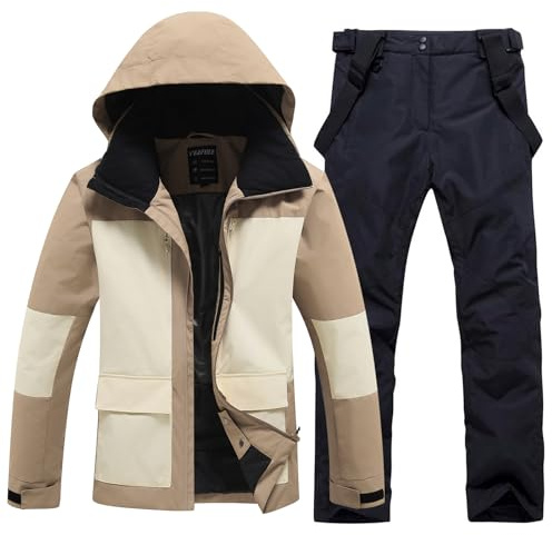HOUZONIY Vinteroverall för män, skidjacka och skidbyxor, set för män, tvådelad, utomhus, skidkläder, vindtät, skiddräkt med huva, för skidåkning, snowboard, Khaki + svart, L