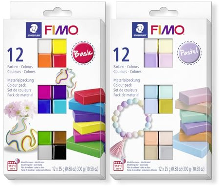 FIMO Ofenhärtende Modelliermasse Set Basic & Pastel Colours - Weiche Bastelmasse für Einsteiger - Leuchtende Knetmasse in abgestimmten Farbkombinationen - Vielseitige Modellierblöcke
