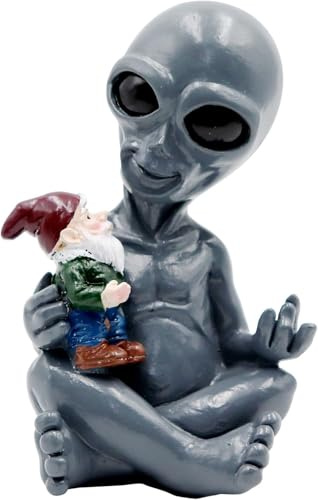 Novelty Alien and Gnome Garden Ornament Statue, Resin Alien Dwarf Sculpture, Weatherproof Garden Gnome Decoration for Patio, Lawn, Porch, Birthday or Housewarming Gifts