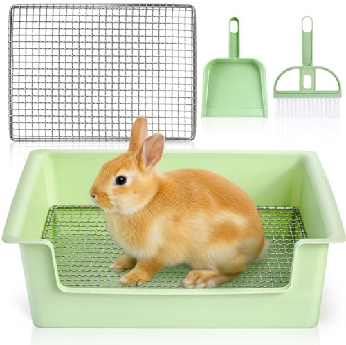 Goaste Rabbit Litter Box with Steel Grids, 15.5 Large Bunny Litter Pan, Low Entry Bunny Potty Trainer Tray with Broom, Small Plastic Animal Bedding Toilet for Guinea Pigs Hamster Chinchilla, Green